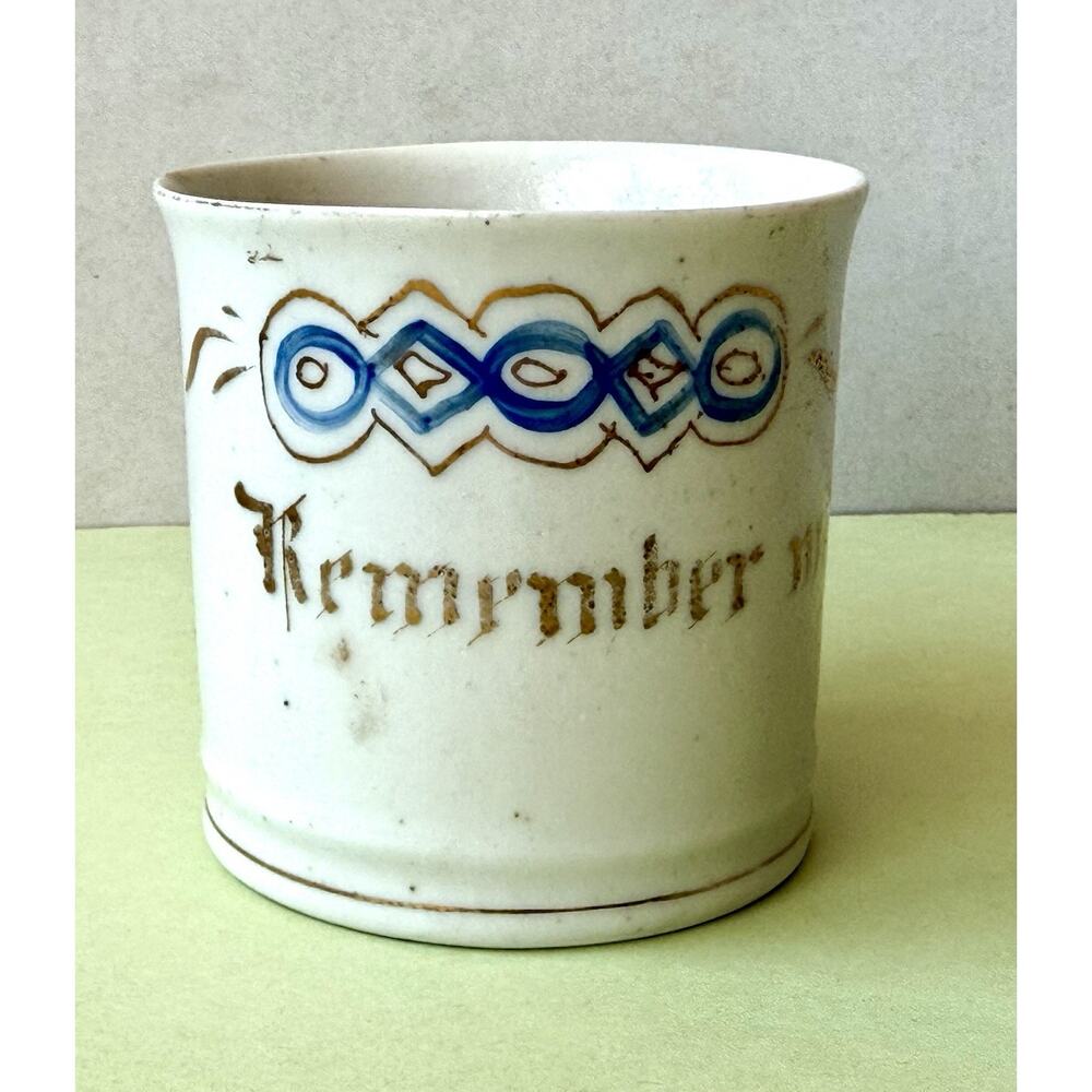 Antique Victorian Mug Remember Me Hand Painted Gold Blue Design Sentimental Cup